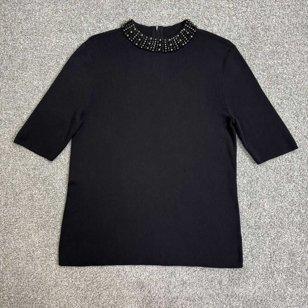 Talbots Sweater Womens Medium Black Mock Neck Beaded Short Sleeve Pullover Knit